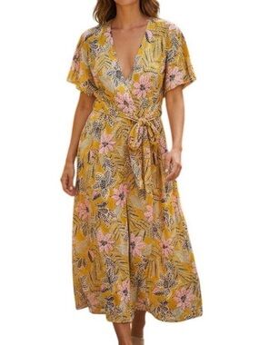 Marine Layer Mustard Yellow Floral Wrap Midi Dress with Pink Accents